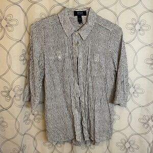 FDJ Womens Button Down Shirt Black Striped 3/4 Roll Tab Sleeve Viscose Size 10
